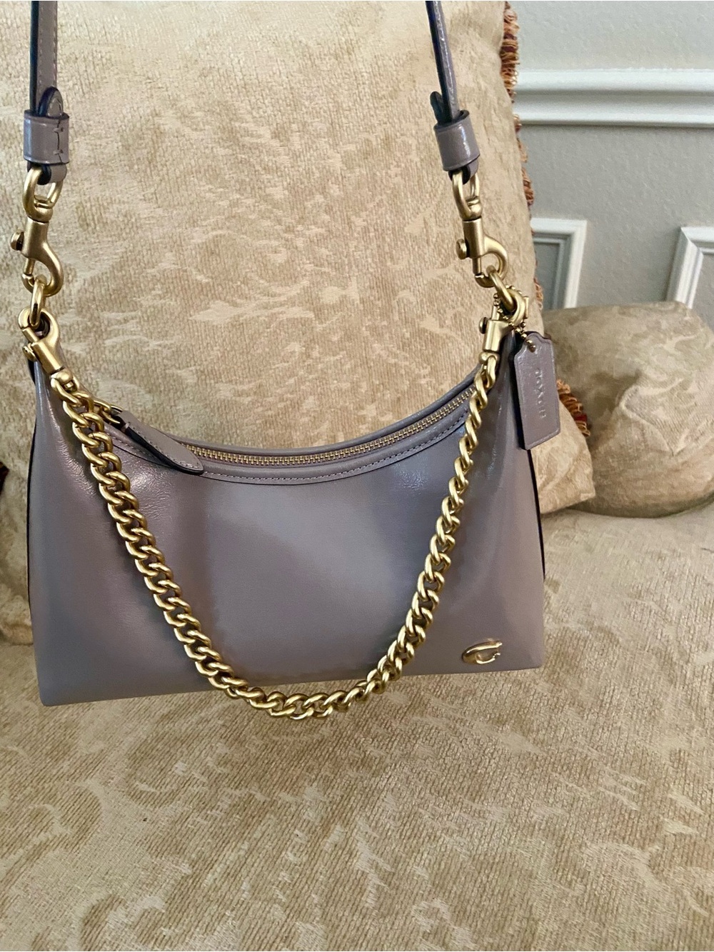 Coach Leather Shoulder Bag in Gray with Gold Chain